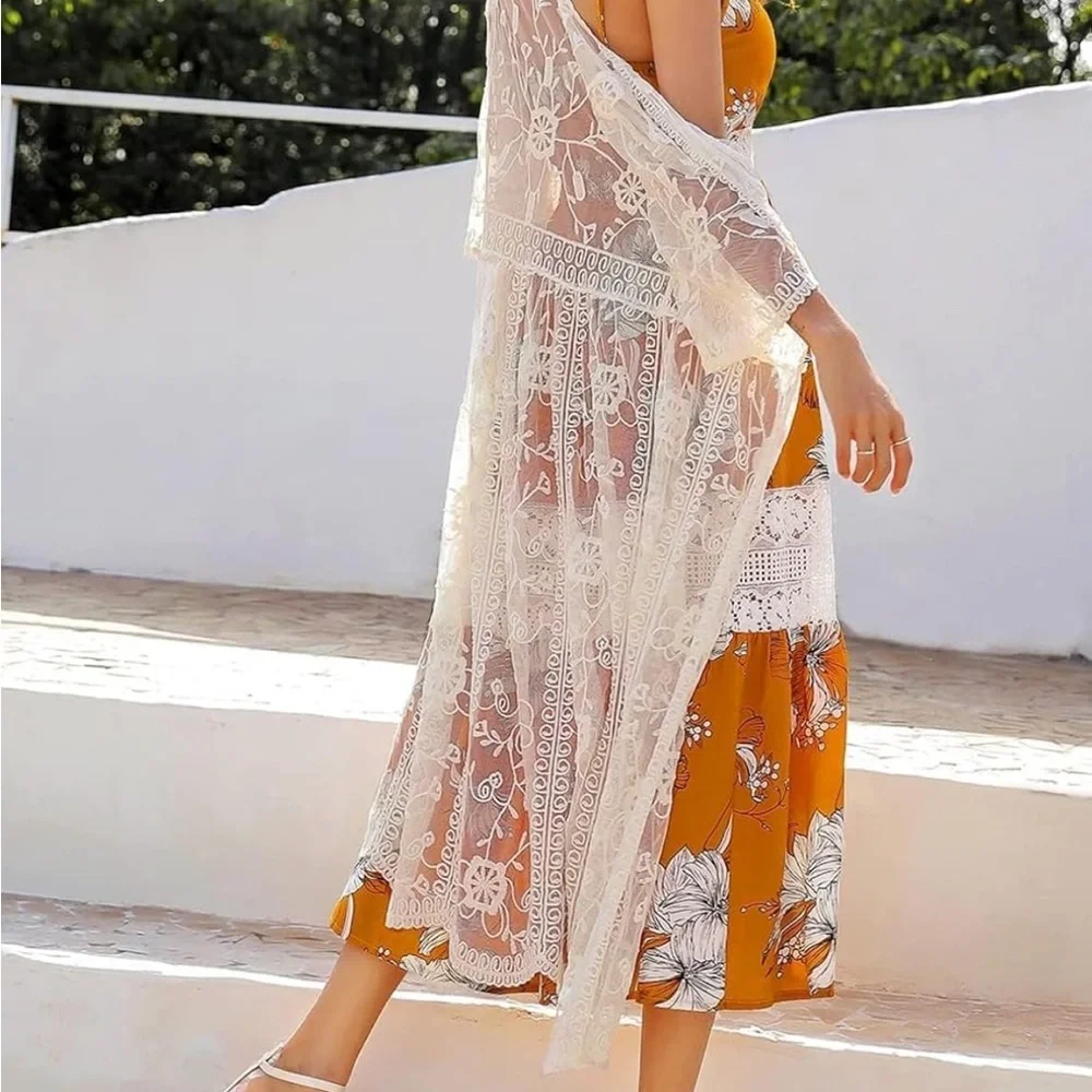 Elegant Cream Lace Swim Cover-Up boho women festival mesh cardigan